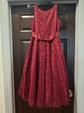 Girls' Red Lace Fit-and-Flare Dress with Satin Waistband
